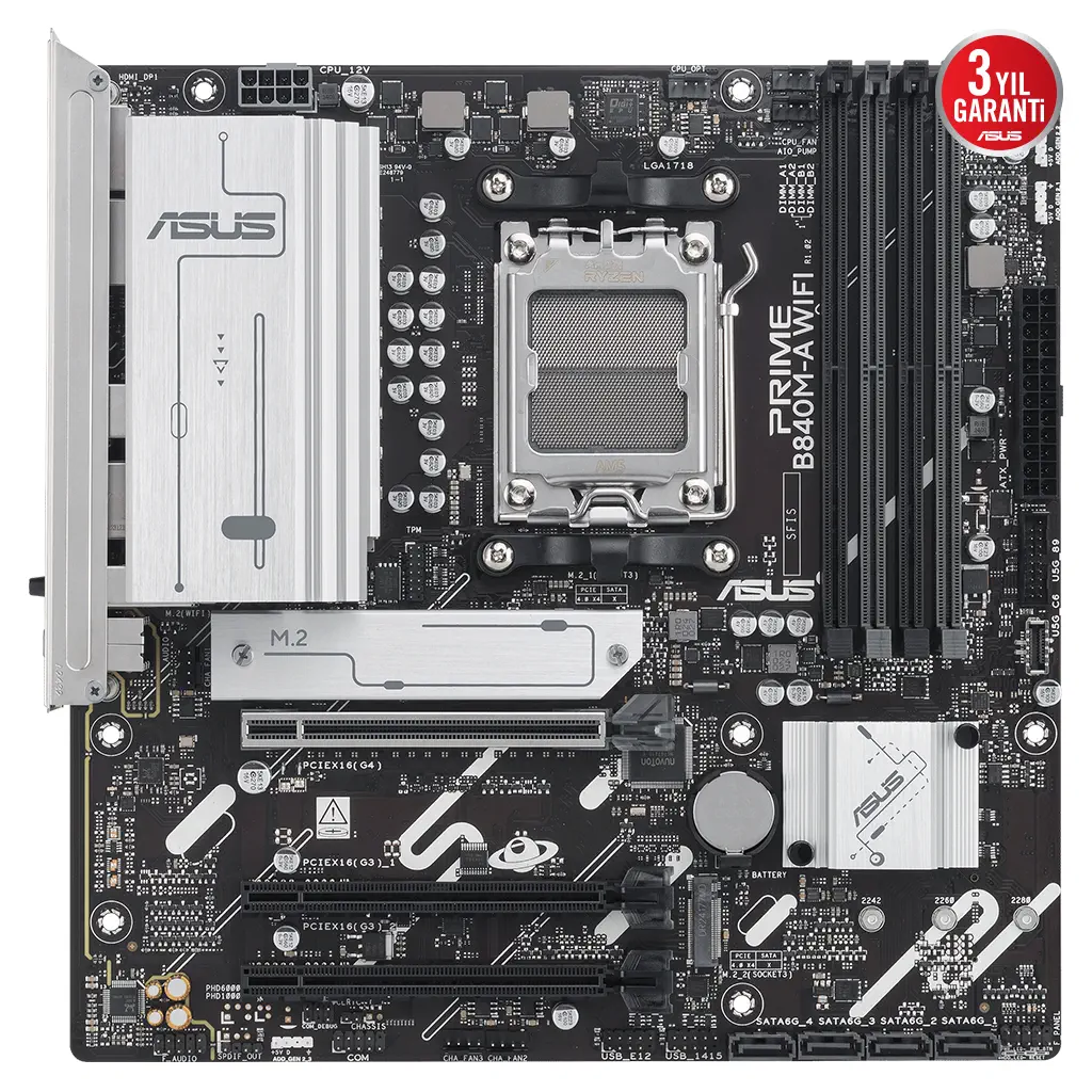 ASUS PRIME B840M-A WIFI, 4xDDR5, 3x M.2, HDMI, 2x DP, Type-C, WI-FI 6E, Bluetooth 5.3, AM5 Soket GAMING Anakart
