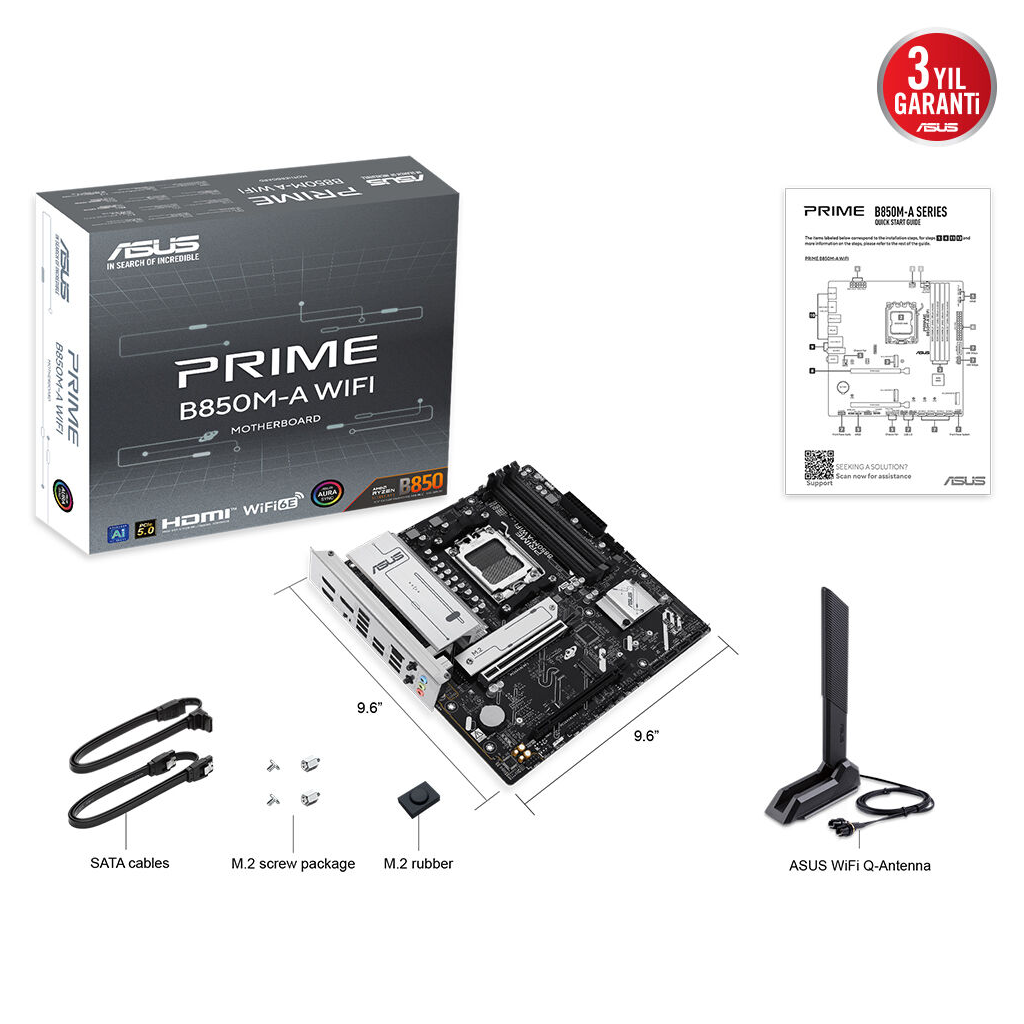 ASUS PRIME B850M-A WIFI, 4xDDR5, 3xM.2, 2xDP, HDMI, Type-C, Wi-Fi 6, Bluetooth 5.3, AM5 Soket Anakart