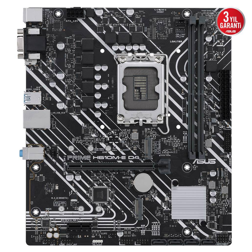 ASUS PRIME H610M-E D4-CSM, 2xDDR4, 2x M.2, D-SUB, HDMI, DP, 12-13.14.Nesil, LGA1700 Soket, Anakart