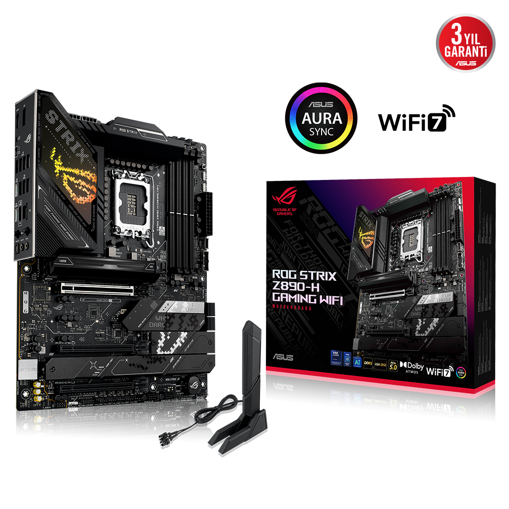 ASUS ROG STRIX Z890-H GAMING WIFI, 9066MHz, 4xDDR5, 4x M.2, HDMI, DP, Type-C, Wi-Fi 7, Bluetooth 5.4, Intel Core Ultra CPU(Seri 2), LGA1851 Soket, Gaming Anakart