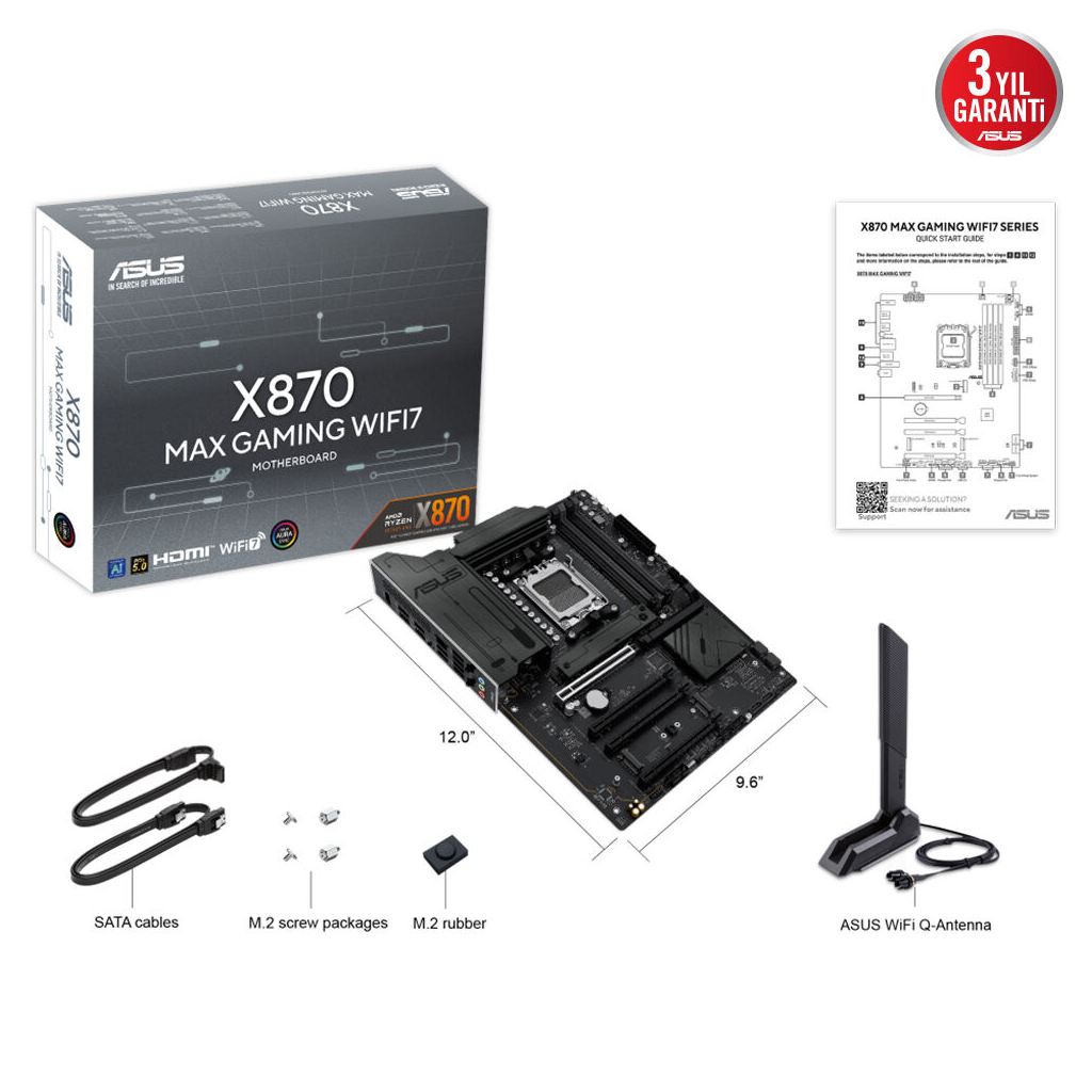 ASUS X870 MAX GAMING WIFI7, 4xDDR5, 3x M2, HDMI, DP, Type-C, Wi-Fi 7, Bluetooth v5.3, AM5 Soket GAMING Anakart
