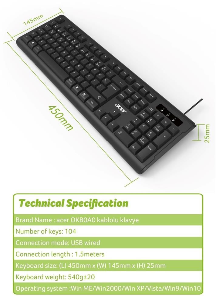 Acer OAK-0A0  Siyah Kablolu Sessiz Tuşlu  Klavye (Caps Lock) (Kablo Uzunluğu 1.50Cm) Caps Lock