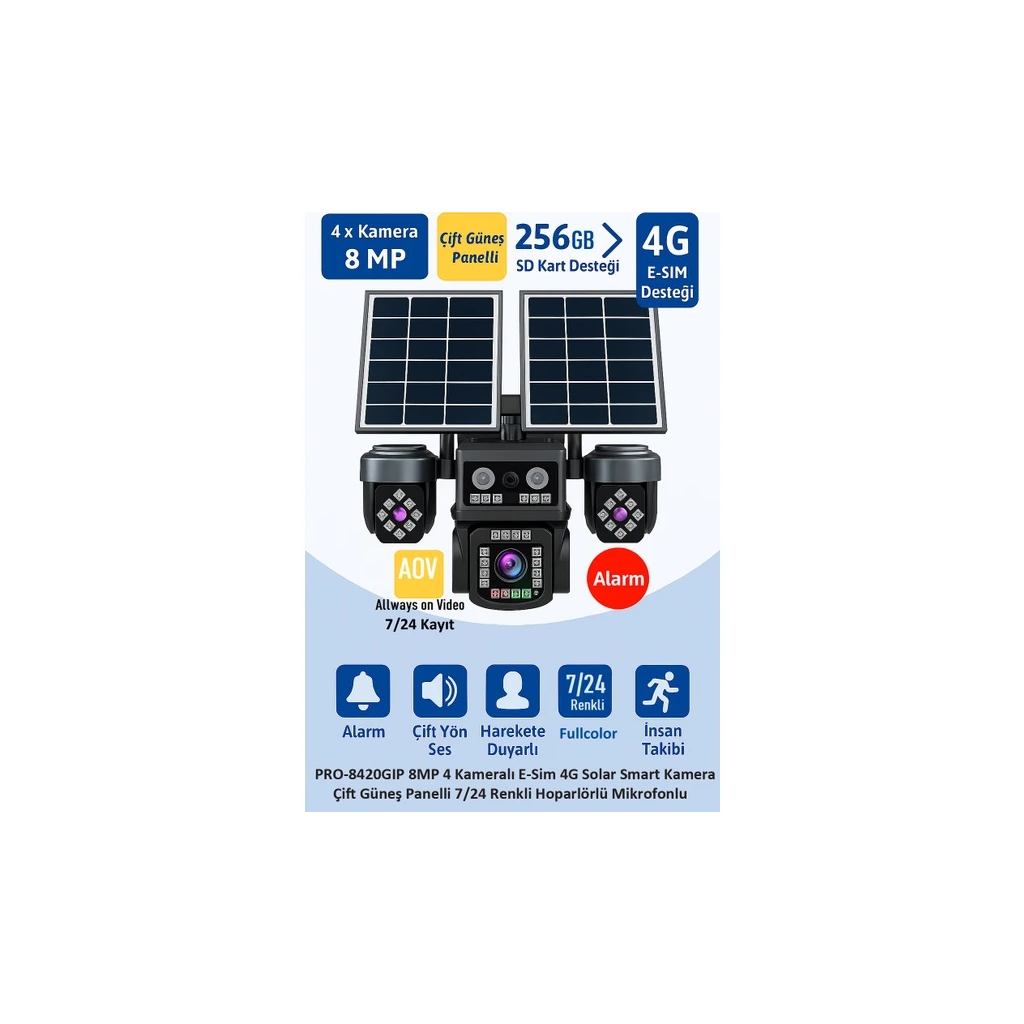 BALANDI PRO-8420GIP 8MP 4 Kameralı 4G AOV ESIM  Solar Kamera
