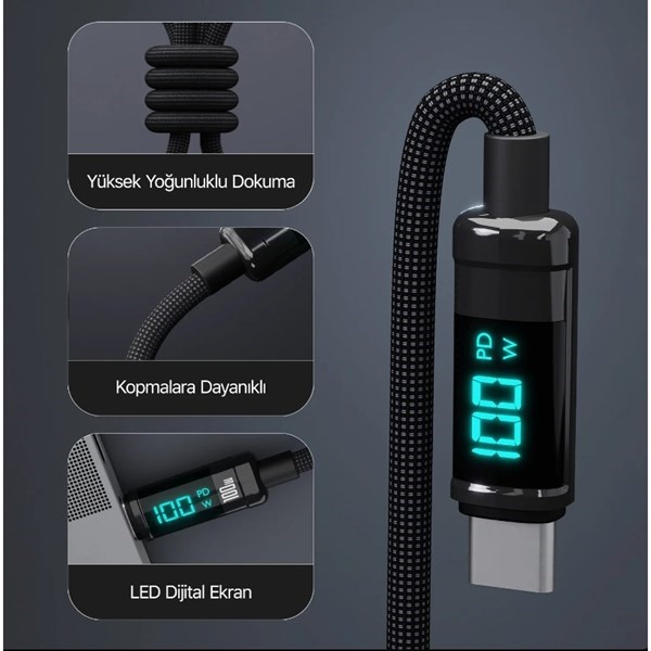 BIX 1metre BX09CC-BK 100w Dijital Ekranlı Şarj Kablosu Siyah