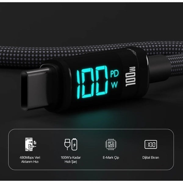 BIX 1metre BX09CC-BK 100w Dijital Ekranlı Şarj Kablosu Siyah