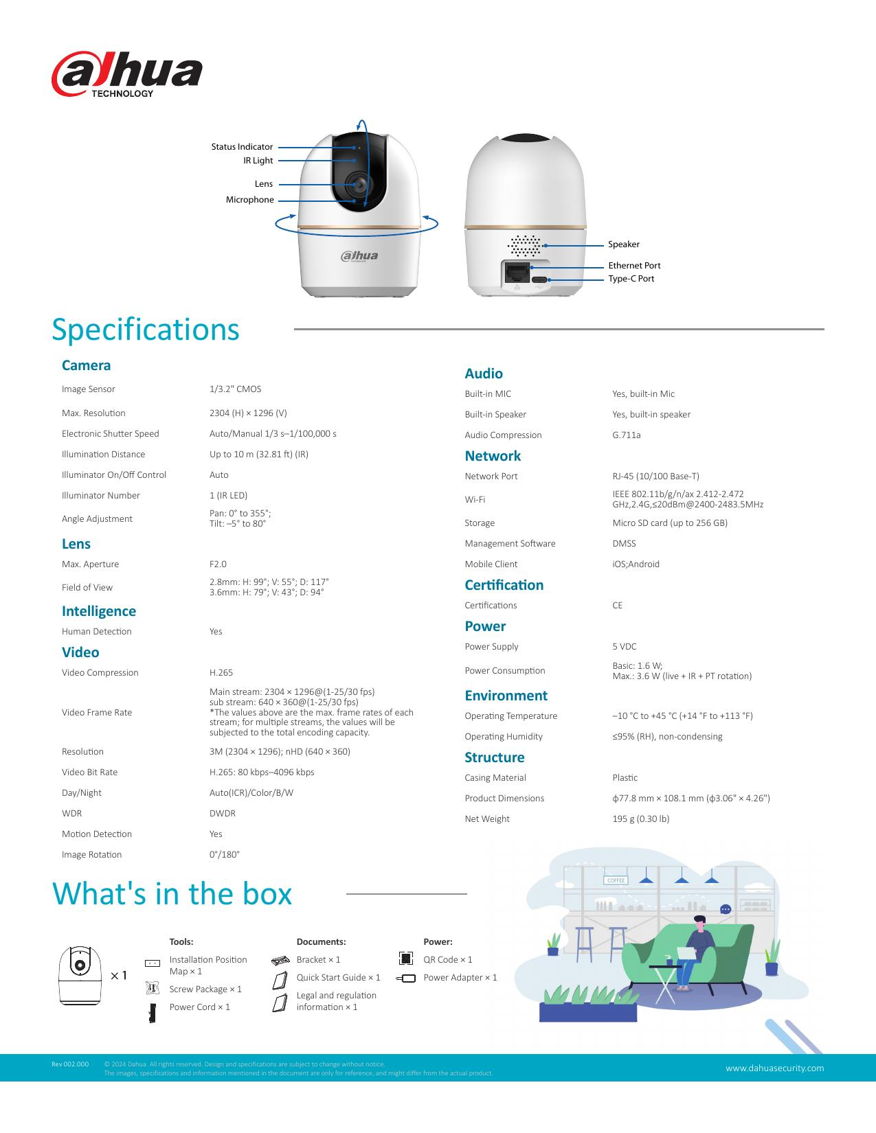 DAHUA 3MP Küp 2.8mm Wıfı Kablosuz IP Kamera HPT1330DA-STW