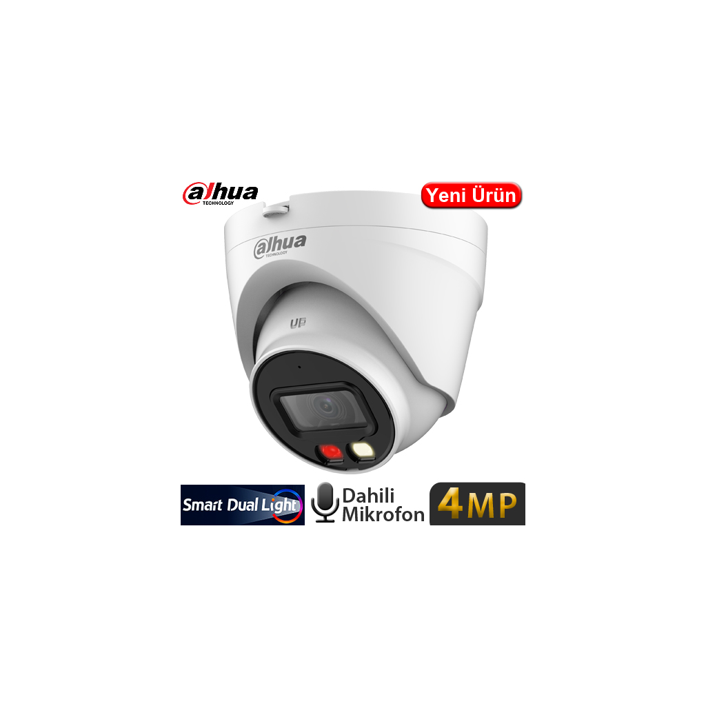 DAHUA IPC-HDW1431V-SA, 4Mpix, 2,8mm Lens, H265+, 30Mt Gece Görüşü, Dual Light, Mikrofonlu, PoE Dome IP Kamera