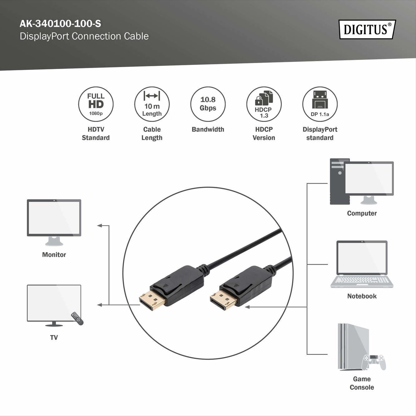 DIGITUS 10metre AK-340100-100-S DP Görüntü Kablosu