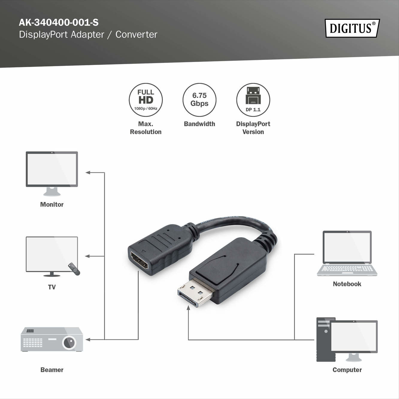 DIGITUS DP-HDMI Görüntü Adaptörü 0,15m (AK-340400-001-S)