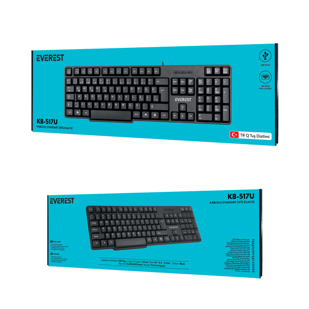 EVEREST KB-517U, USB Kablolu, Türkçe Q,  Standart Klavye (Siyah)