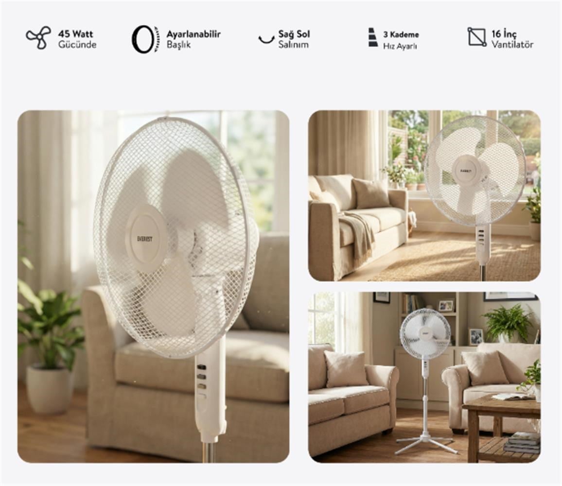 Everest FAN10 Valora Air Beyaz-Gri 16 Maks 45W 3 Kademe 1200RPM Yıldız Ayak 5 Bıçaklı Vantilatör