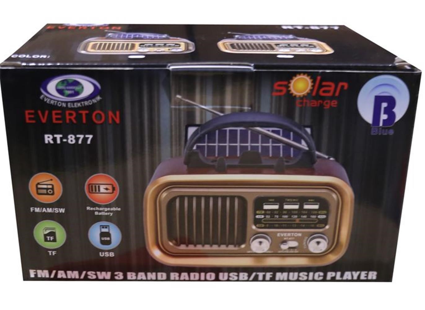 Everton Rt-877 Güneş Enerji Panelli Bluetooth Fm-Usb-Tf-Aux Şarjlı Nostaljik Radyo