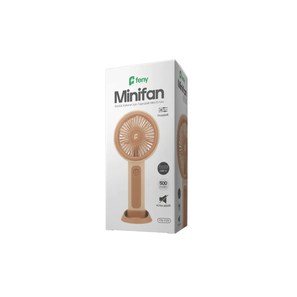 FENY FN-F25, KREM-KAHVE, 3 Kademeli Hız, Elde Kullanım, Dahili 500mAh Bataryalı, Type-C Şarj Girişli, Vantilatör