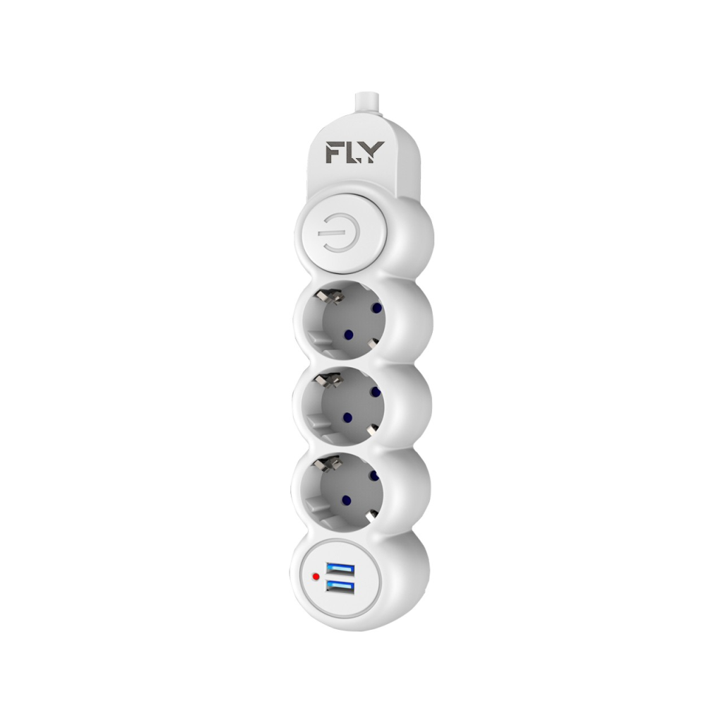 FLY 3393-01, 3 Soket, 2 USB, Akım Korumalı Priz, 2.1A, Anahtarlı, 2Mt Kablo, (Beyaz)
