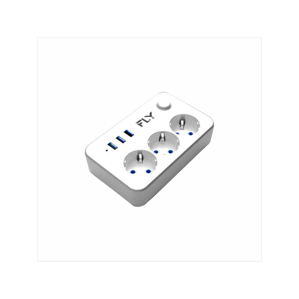 FLY 3406-01, 3 Soket, 3 USB, Akım Korumalı Priz, 2.1A, Anahtarlı, 2Mt Kablo, (Beyaz)
