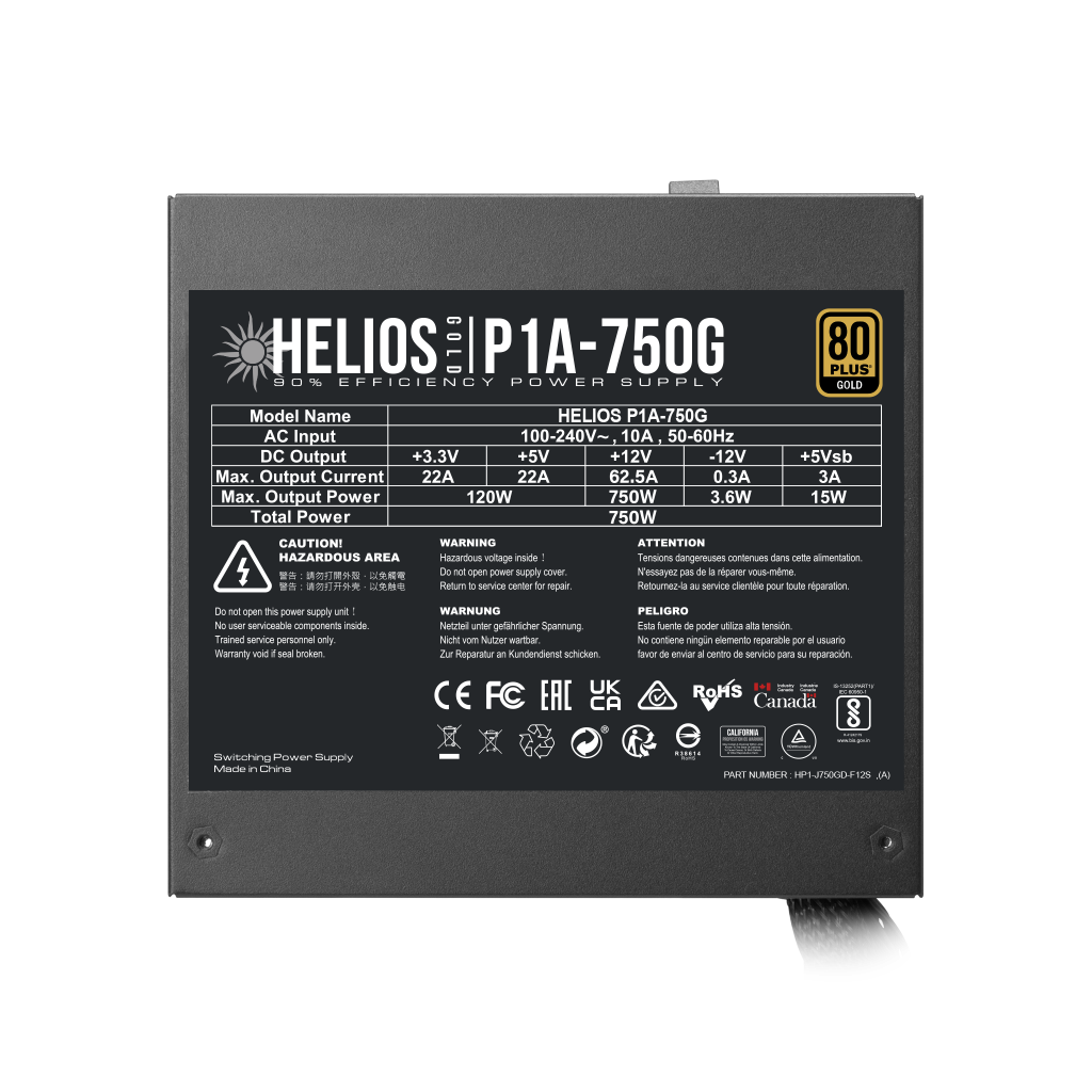 GAMDIAS HELIOS P1A-750G, 750W, 80+ Gold, Aktif PFC, GAMING, ATX, Power Supply (PSU)