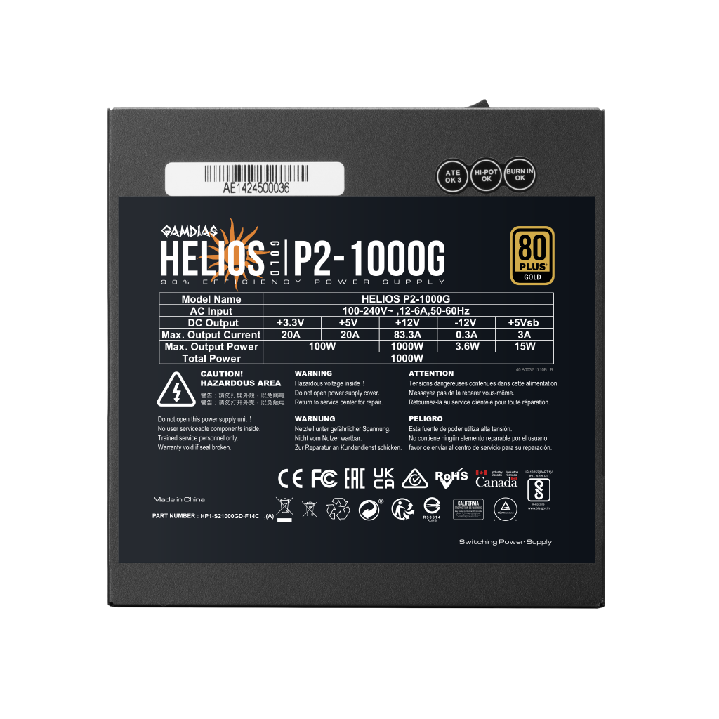 GAMDIAS HELIOS P2-1000G, 1000W, 80+ Gold, Full Modüler, Aktif PFC, GAMING, ATX, Power Supply (PSU)