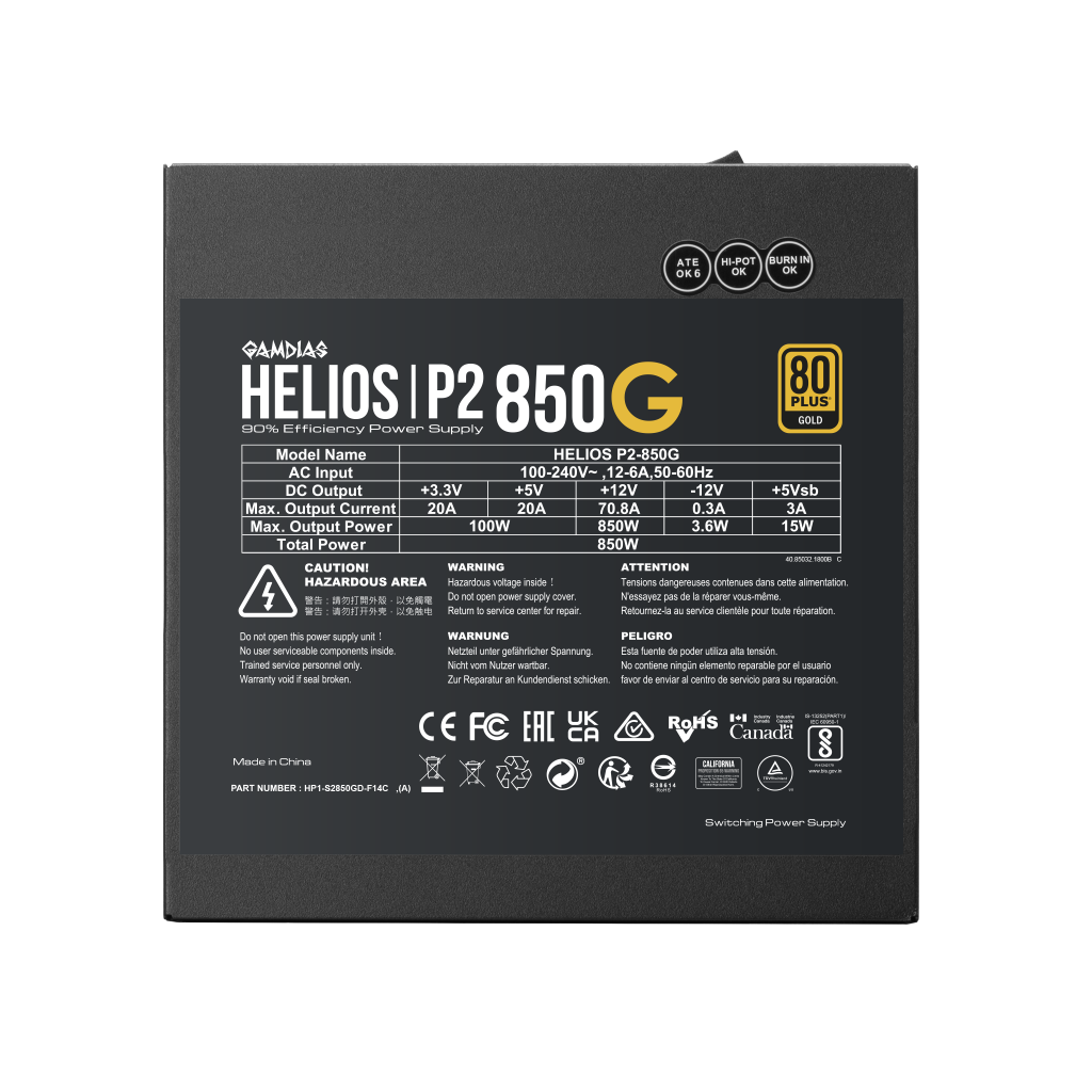 GAMDIAS HELIOS P2-850G, 850W, 80+ Gold, Full Modüler, Aktif PFC, GAMING, ATX, Power Supply (PSU)