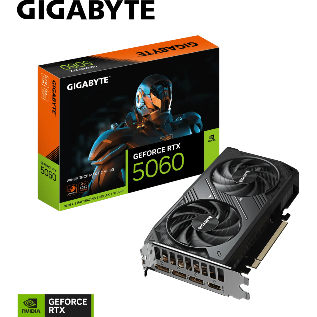 GIGABYTE GV-N5060WF2MAX OCV2-8GD, RTX5060, WINDFORCE MAX OCV2, 8Gb, GDDR7, 128BIT, 2 Fanlı, 1xHDMI, 3xDP, GAMING Ekran KARTI