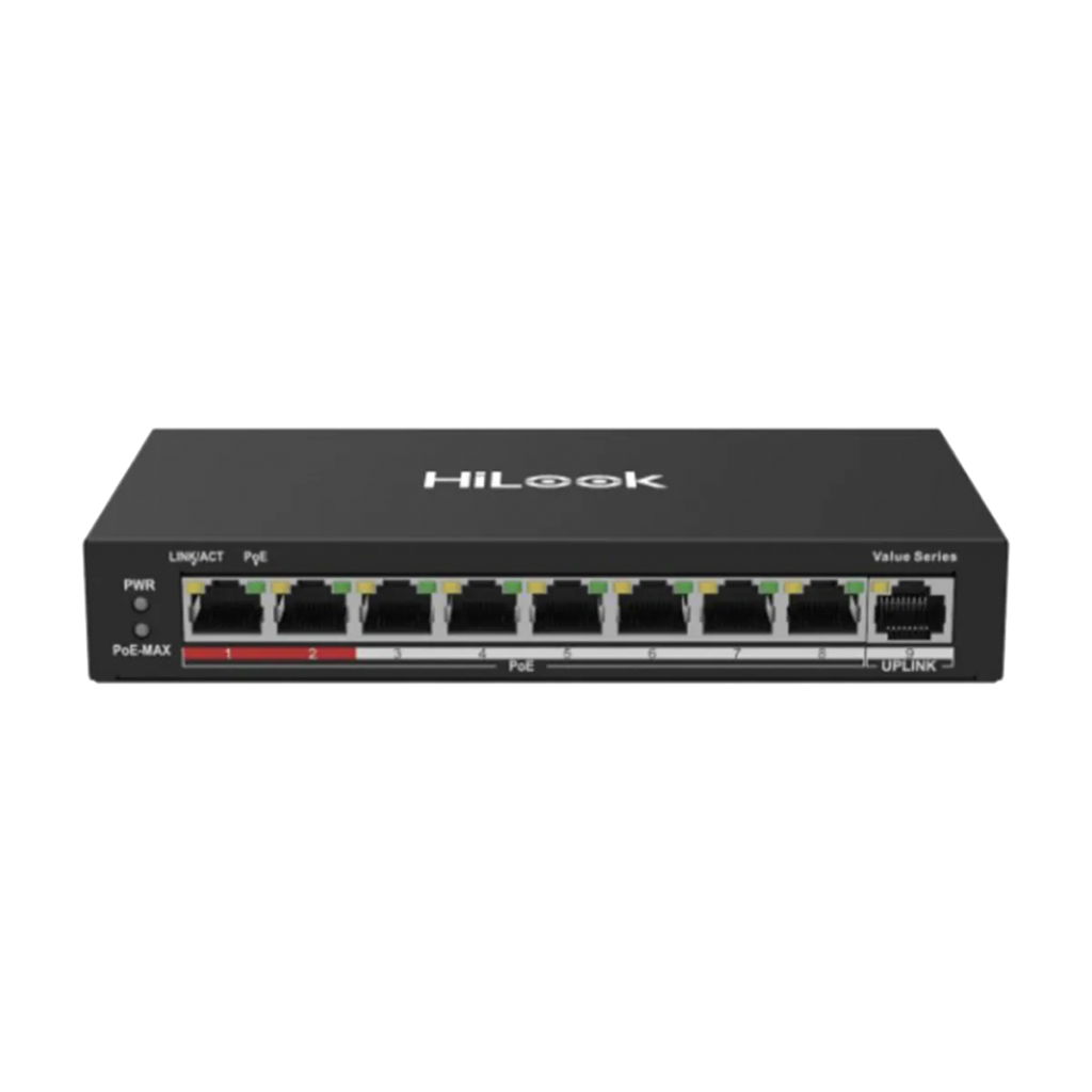 HILOOK NS-0109P-60(B), 8 Port, Megabit, PoE 60W, 1 Port Megabit Uplink, Long Range 250Metre, Yönetilemez, Masaüstü Switch