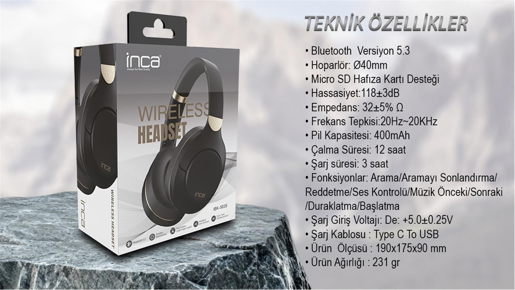 Inca IBK-503S Siyah 5.3 Bluetooth Wireless Kulaklık Micro Sd Kulaklık 400mah Type-c To USB