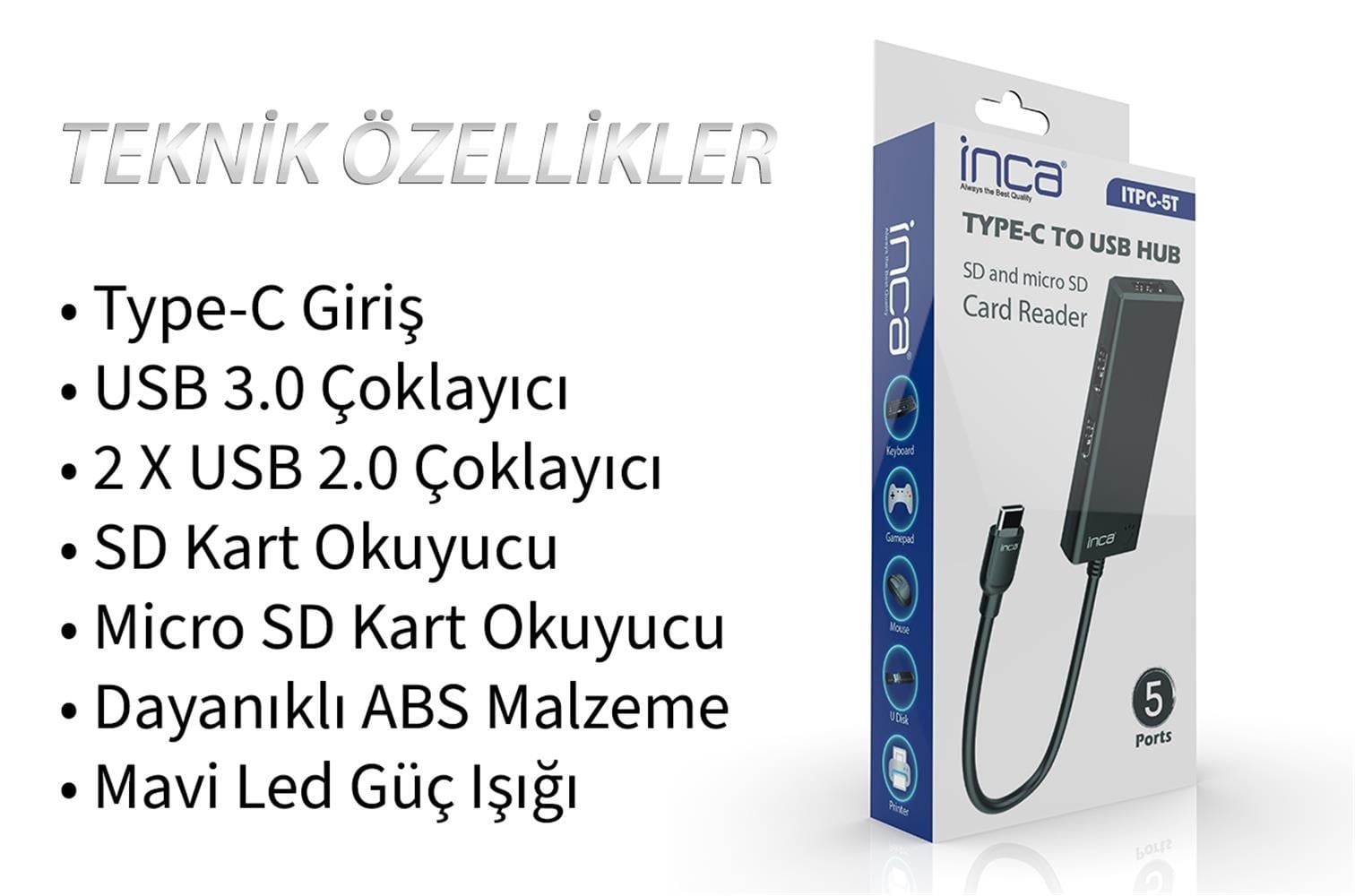 Inca ITPC-5T  Type-C Giriş 2XUSB Sd-Micro Sd2.0 Çoklayıcı USB 3.0 Çoklayıcı Çevirici Mavi Led