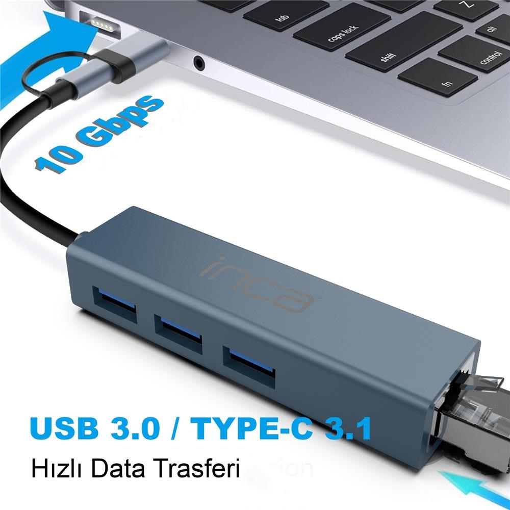 Inca IUTP-03TX Ethernet Usb 3.0+Type-C 3.1 Grişli 000 Mbps 3X3.1Usb Eternet-Çoklayıcı