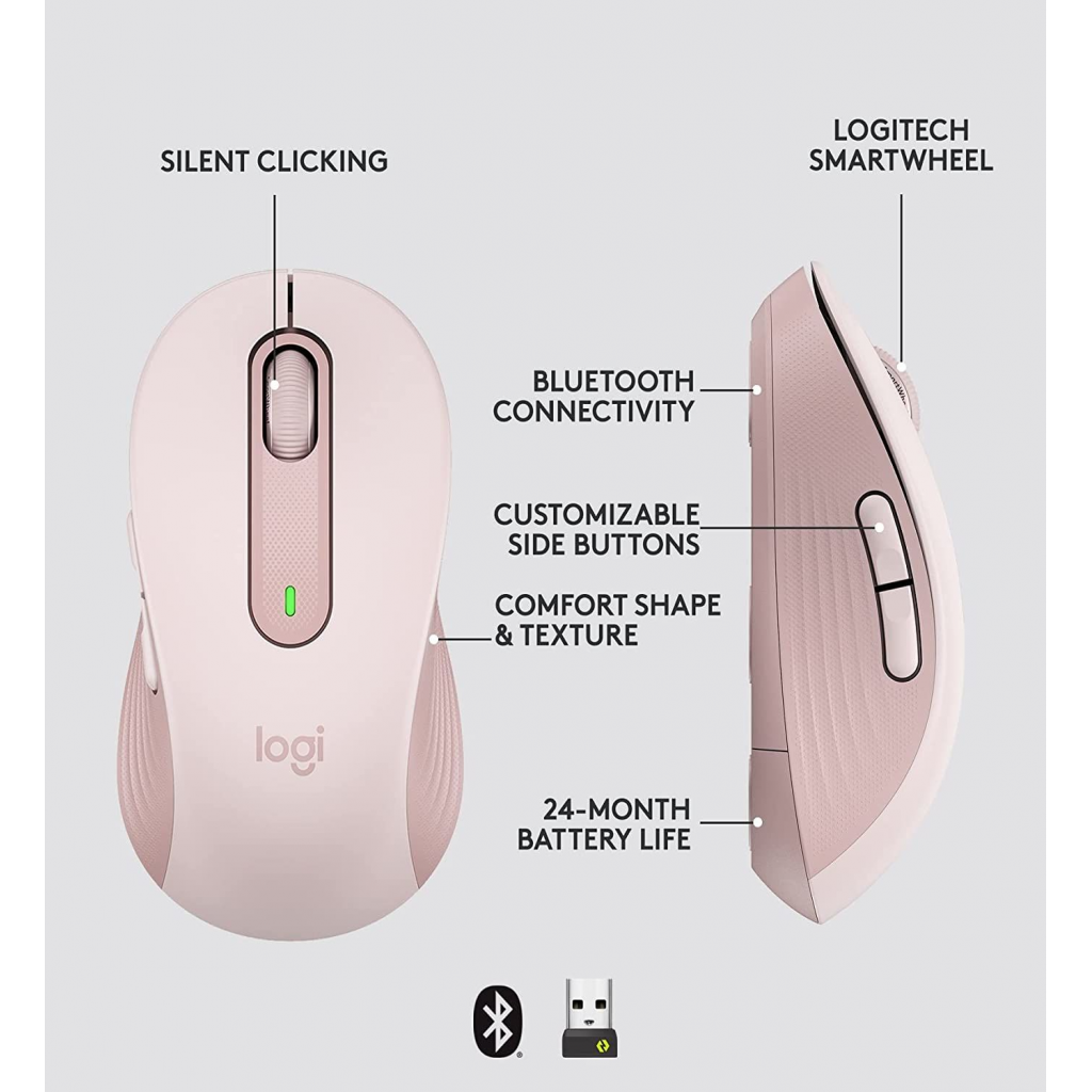 LOGITECH 910-006254, M650 Signature, Rose, Sağ El, USB Nano 2,4G Kablosuz, 4000dpi, Optik, 5 Tuşlu, 24ay Pil Ömrü, Sessiz Mouse