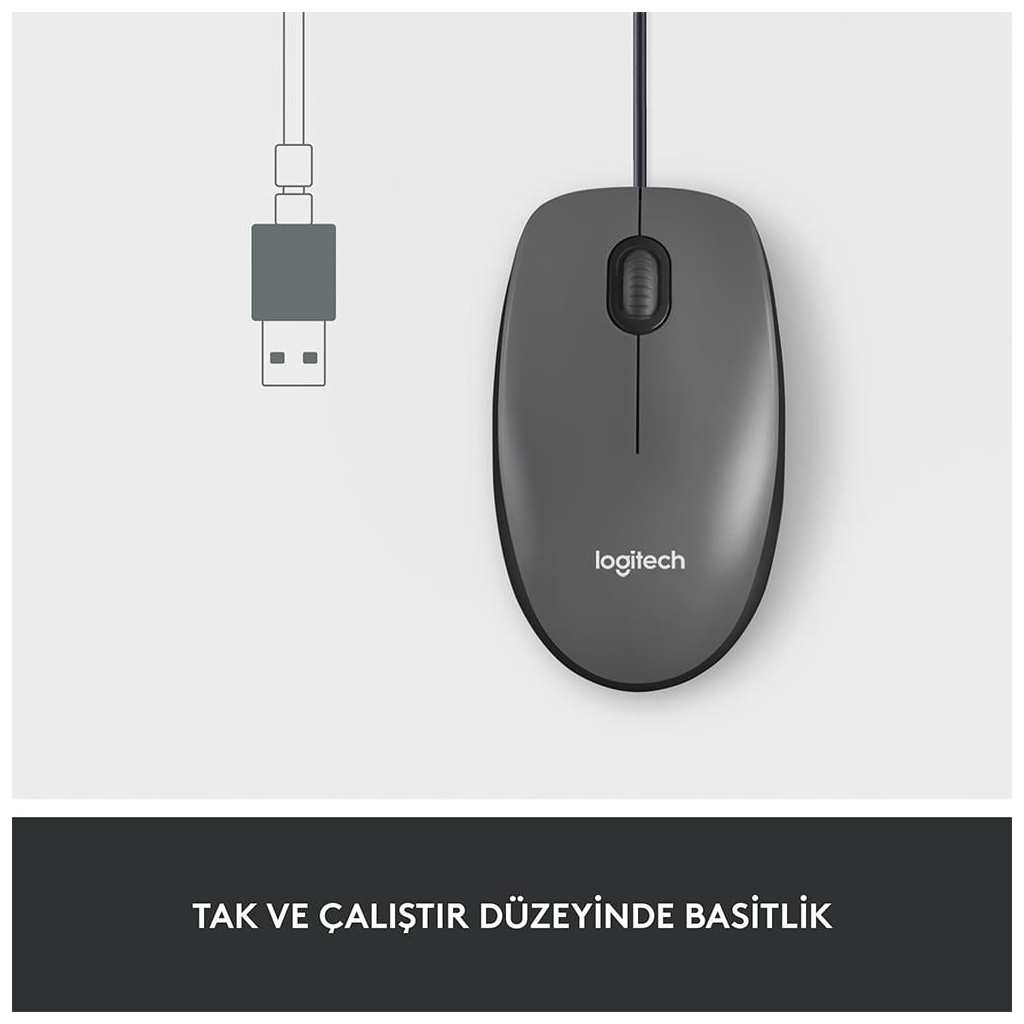 LOGITECH 910-006652, M100 Siyah, USB Kablolu, 1000dpi, Optik, 3 Tuşlu, Mouse