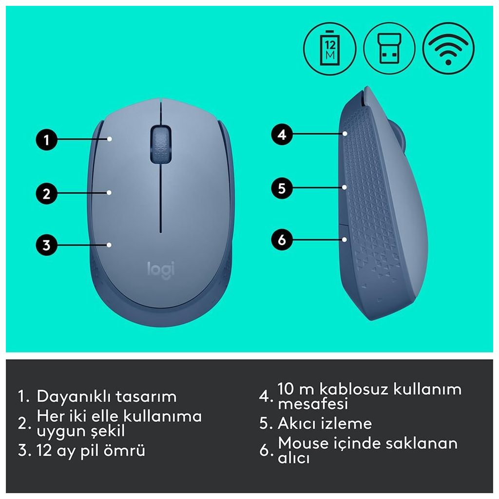 LOGITECH 910-006866, M171 BlueGrey, USB Nano 2,4G Kablosuz, 1000dpi, Optik, 3 Tuşlu, 12ay Pil Ömrü, Mouse
