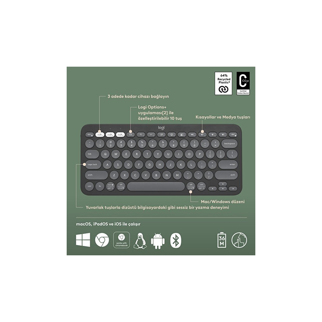 LOGITECH K380S, Pebble Keys 2,  Siyah, 920-011859, Bluetooth, Türkçe, Q, Multimedya, Mini Klavye