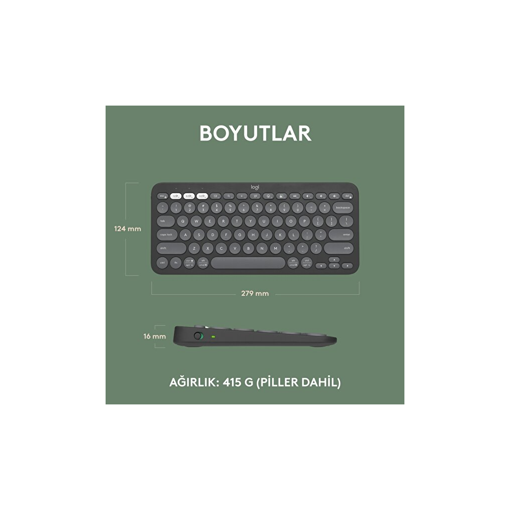 LOGITECH K380S, Pebble Keys 2,  Siyah, 920-011859, Bluetooth, Türkçe, Q, Multimedya, Mini Klavye