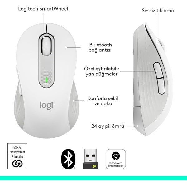 LOGITECH M650 Kablosuz + Bluetooth Beyaz Mouse (910-006238)