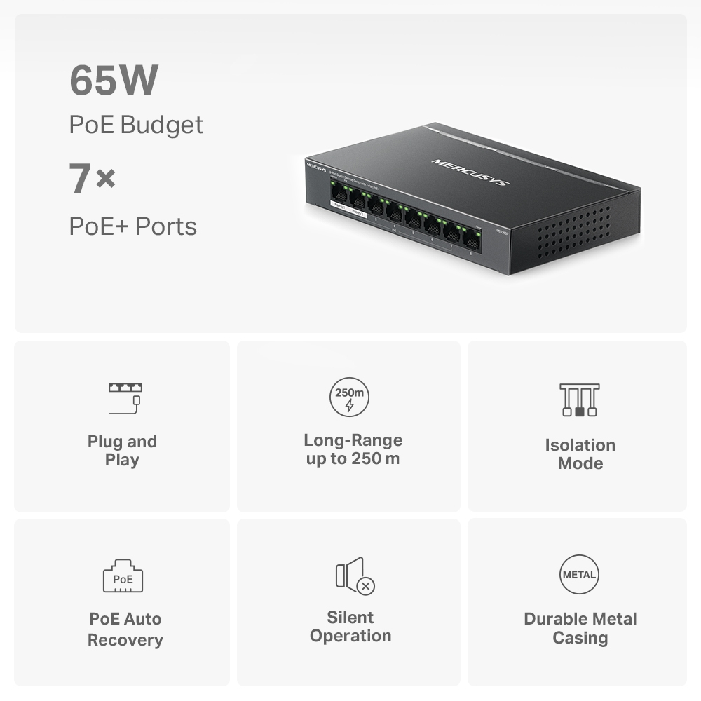 MERCUSYS 8port 65w 7port PoE+ Gigabit Yönetilemez Switch MS108GP