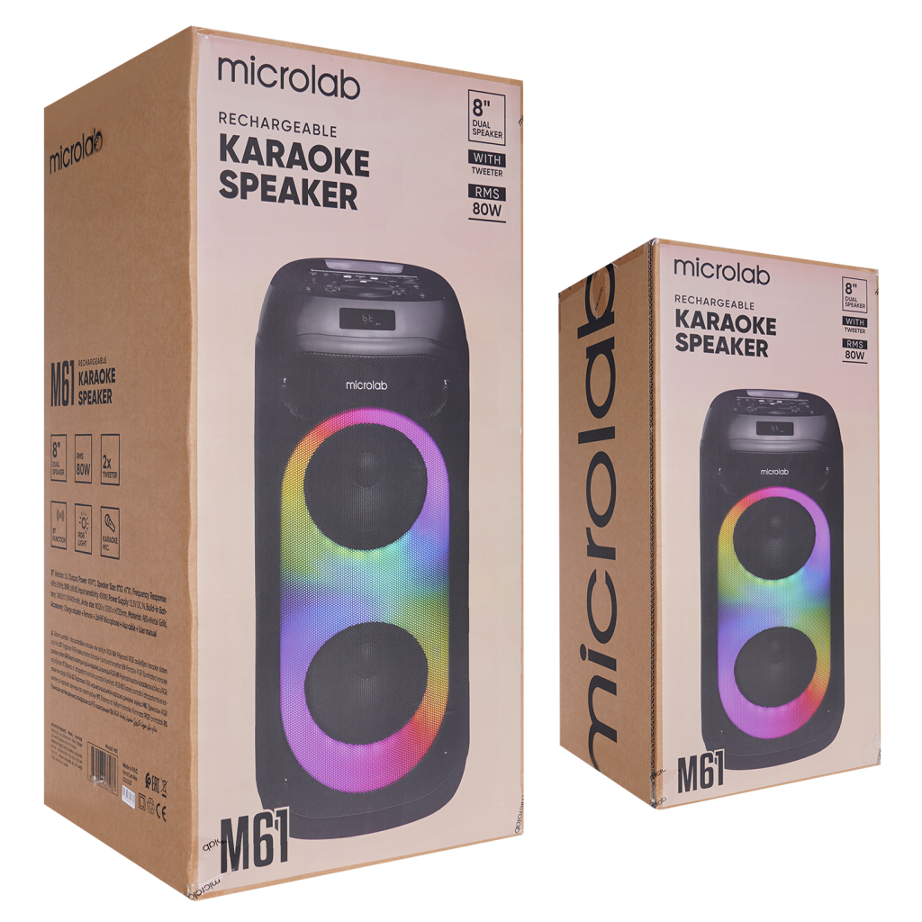 MICROLAB M61, 80W, Taşınabilir, BT/USB/AUX/TF/TWS, RGB Işıklı, 2400mAh Batarya, 2adet VHF Mikrofon, Karaoke/Parti, Bluetooth Speaker,