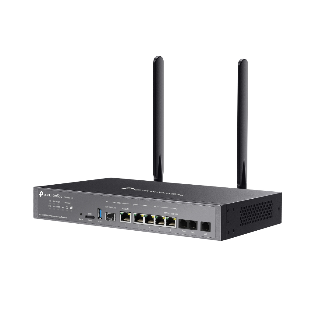 OMADA DR3220v-4G, 4 Port, 4G+Cat6 2,4Ghz, 1 Combo SFP Port, 2 FXS Port, Sim Yuvalı,  Gigabit Rackmount DSL Gateway