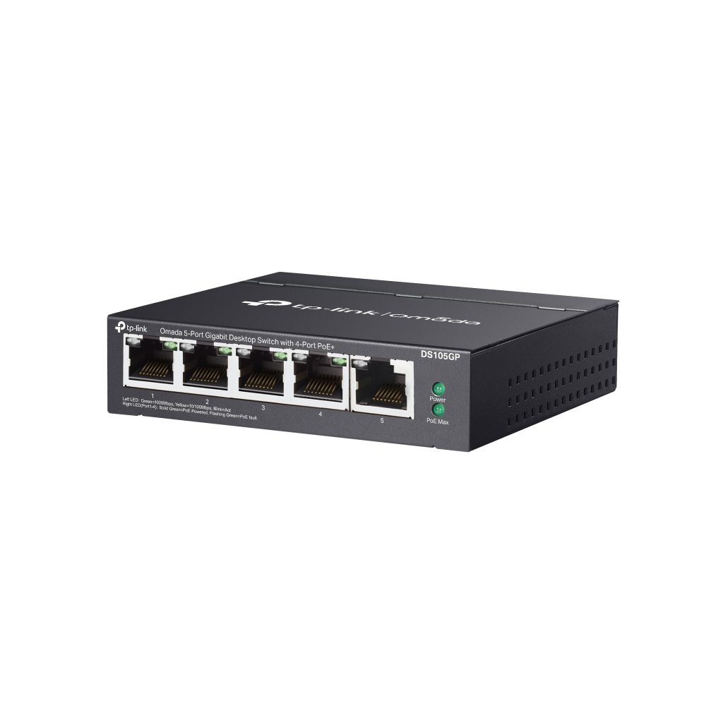OMADA DS105GP, 5 Port Gigabit,  4 Port Gigabit PoE+, 65W, Yönetilemez, Masaüstü/Vesa Metal Kasa Sessiz Switch