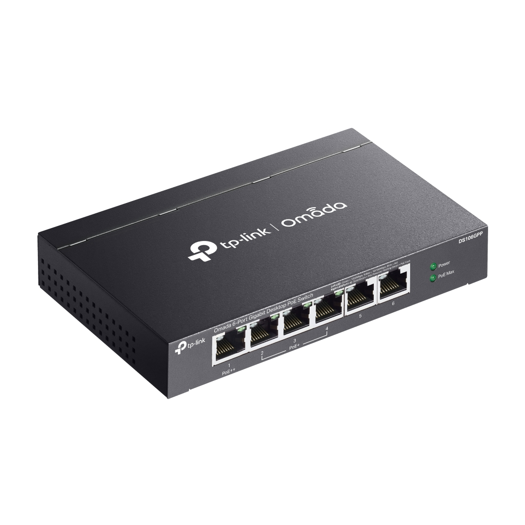 OMADA DS106GPP, 6 Port Gigabit, 3 Port Gigabit PoE+, 64W, 1 Port Gigabit PoE++, Yönetilemez, Metal Kasa Masaüstü Sessiz Switch