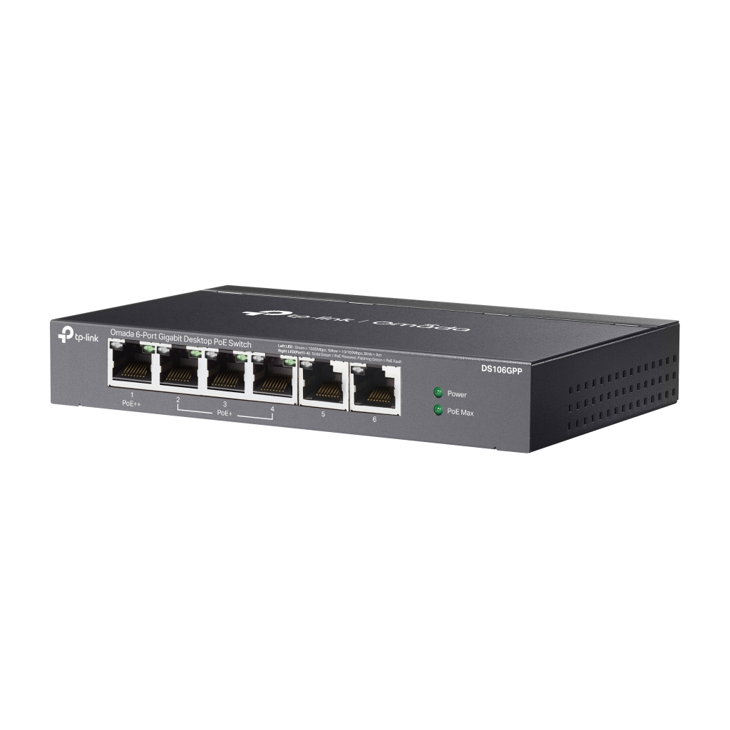OMADA DS106GPP, 6 Port Gigabit, 3 Port Gigabit PoE+, 64W, 1 Port Gigabit PoE++, Yönetilemez, Metal Kasa Masaüstü Sessiz Switch