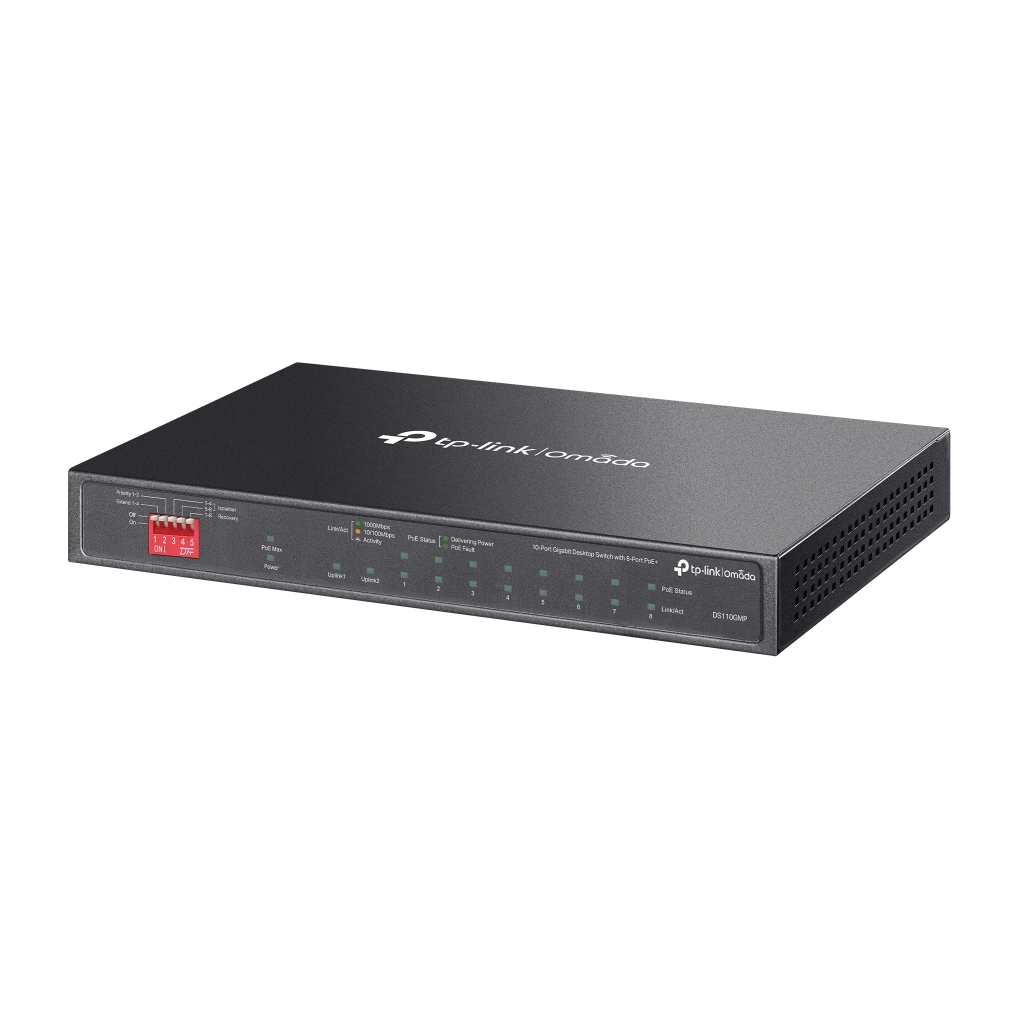 OMADA DS110GMP, 10 Port Gigabit,  8 Port Gigabit PoE+, 123W, 1 Port Combo Gigabit SFP, Yönetilemez, Metal Kasa Masaüstü Sessiz Switch
