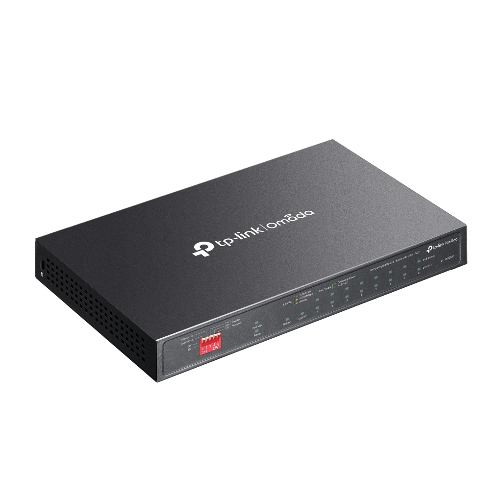 OMADA DS110GMP, 10 Port Gigabit,  8 Port Gigabit PoE+, 123W, 1 Port Combo Gigabit SFP, Yönetilemez, Metal Kasa Masaüstü Sessiz Switch