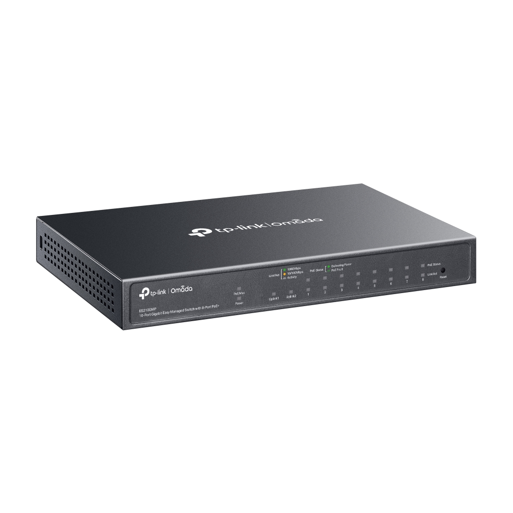 OMADA ES210GMP, 10 Port Gigabit, 8 Port PoE+, 1Port Gigabit Combo SFP, 123W, Yönetilebilir Metal Kasa Masaüstü/Vesa Switch