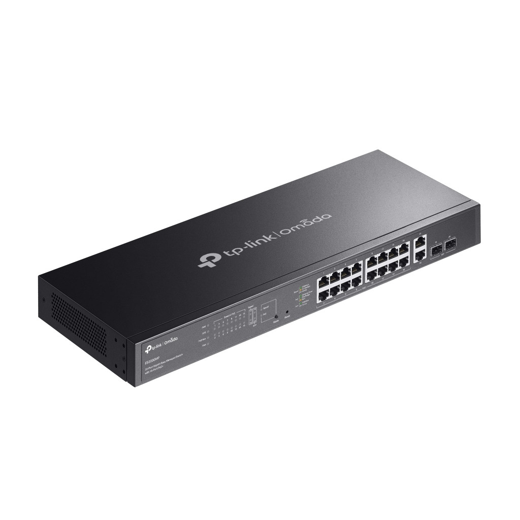 Omada ES220GMP, 16 Port Gigabit, 16 Port PoE+, 2 Port Gigabit SFP, 250W, Yönetilebilir, Rackmount Switch