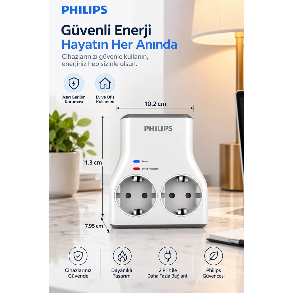 PHILIPS CHP7022W/62, 2li, Akım Korumalı Priz, 1140 Joules, (Beyaz)