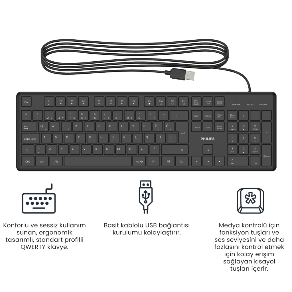 PHILIPS SPK6248B, USB Kablolu, Türkçe Q, Multimedya Klavye (Siyah)