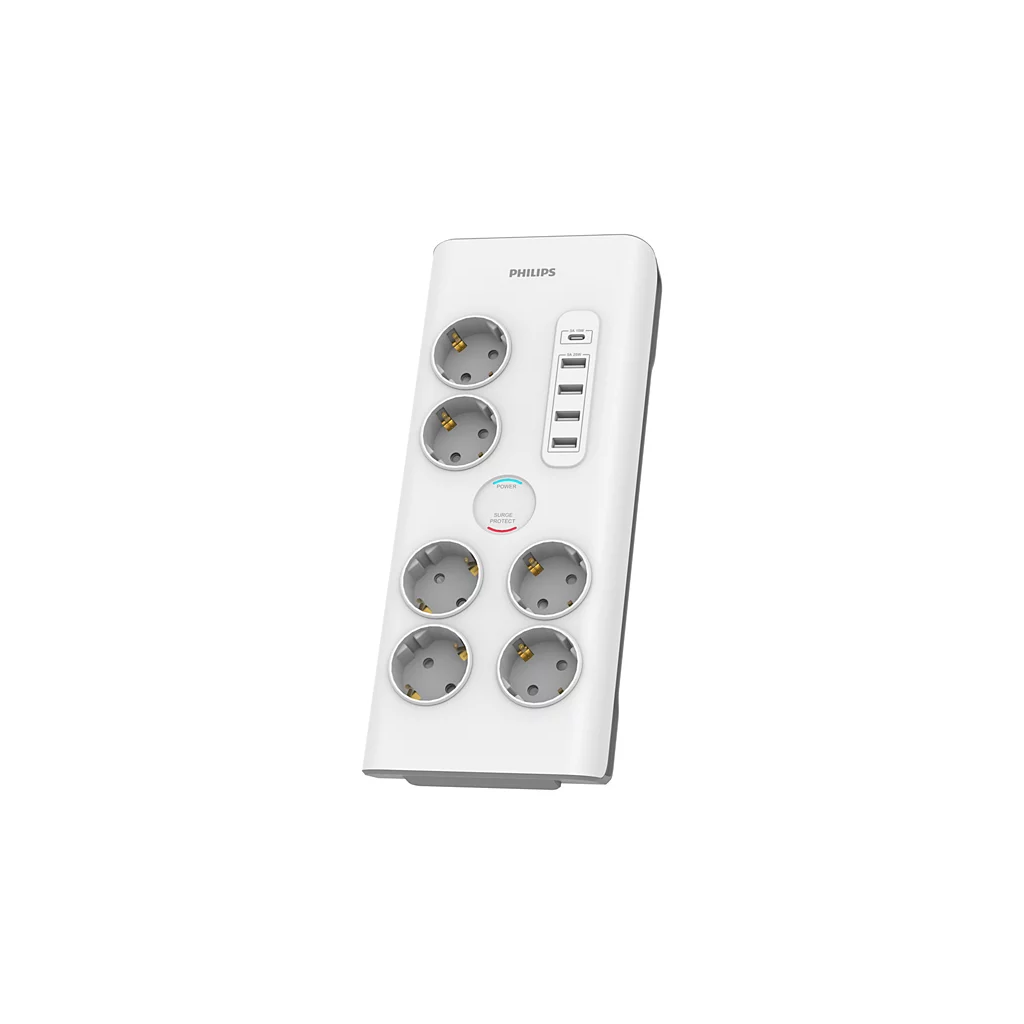 PHILIPS SPN7060WA/62, 6 Soket, Akım Korumalı Priz, 900 Joules, 2Mt Kablo, 1xUsb-C 15W Şarj, 4xUsb-A 20W, (Beyaz)