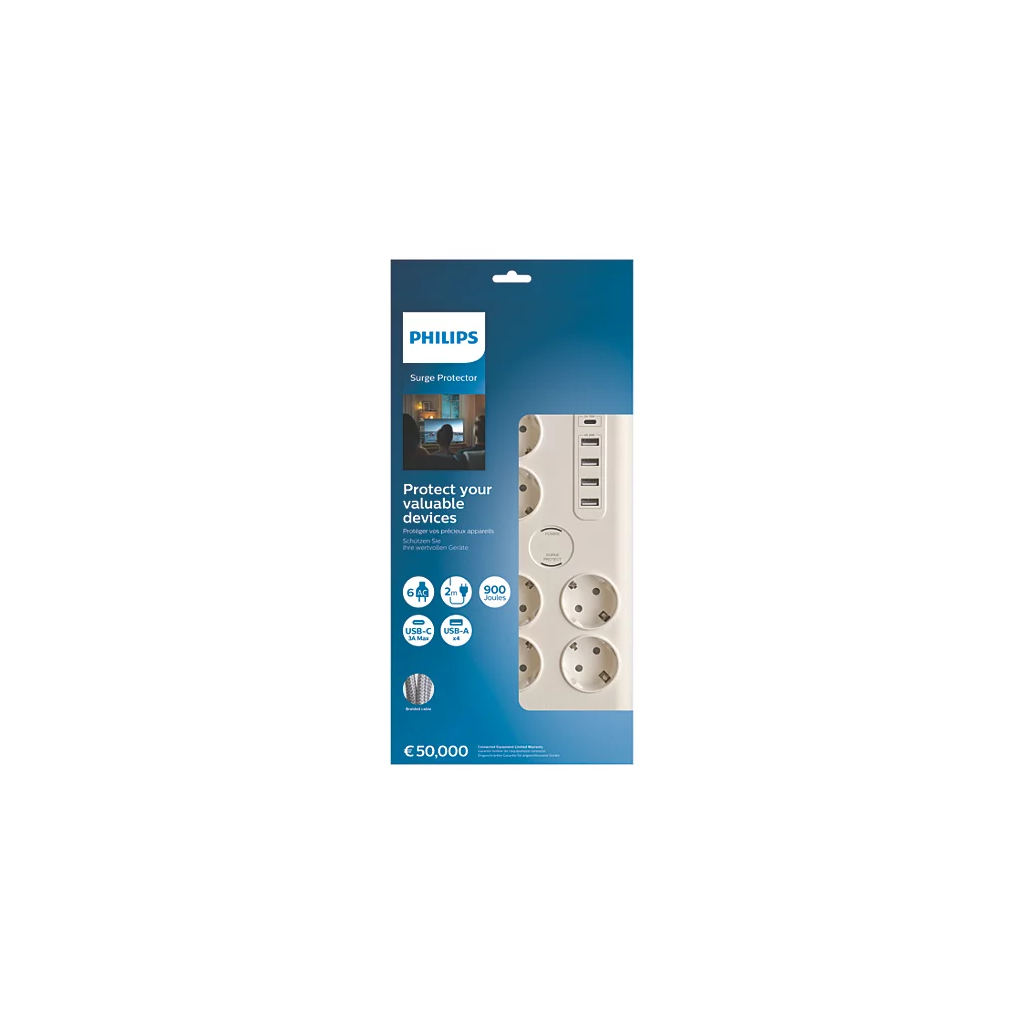 PHILIPS SPN7060WA/62, 6 Soket, Akım Korumalı Priz, 900 Joules, 2Mt Kablo, 1xUsb-C 15W Şarj, 4xUsb-A 20W, (Beyaz)