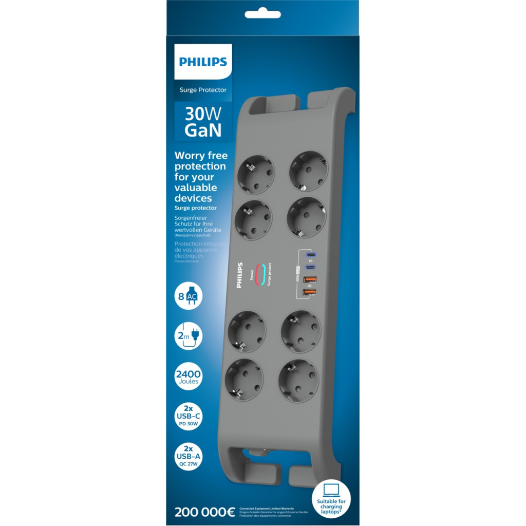 PHILIPS SPN8180GA/62, 8 Soket, Akım Korumalı Priz, 2400 Joules, 2Mt Kablo, 2xUsb-C PD 20W Hızlı Şarj, 2xUsb-A QC 18W, (Gri)