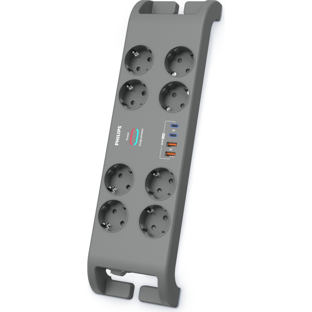 PHILIPS SPN8180GA/62, 8 Soket, Akım Korumalı Priz, 2400 Joules, 2Mt Kablo, 2xUsb-C PD 20W Hızlı Şarj, 2xUsb-A QC 18W, (Gri)