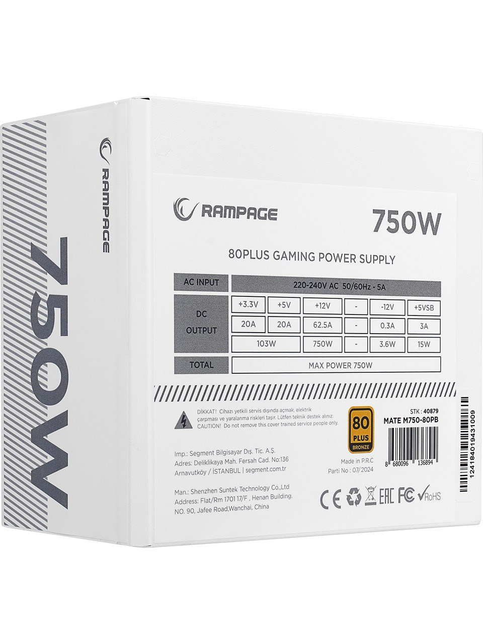 RAMPAGE 750W 80+ BRONZE MATE M750-80PB TAM MODULER POWER SUPPLY Beyaz